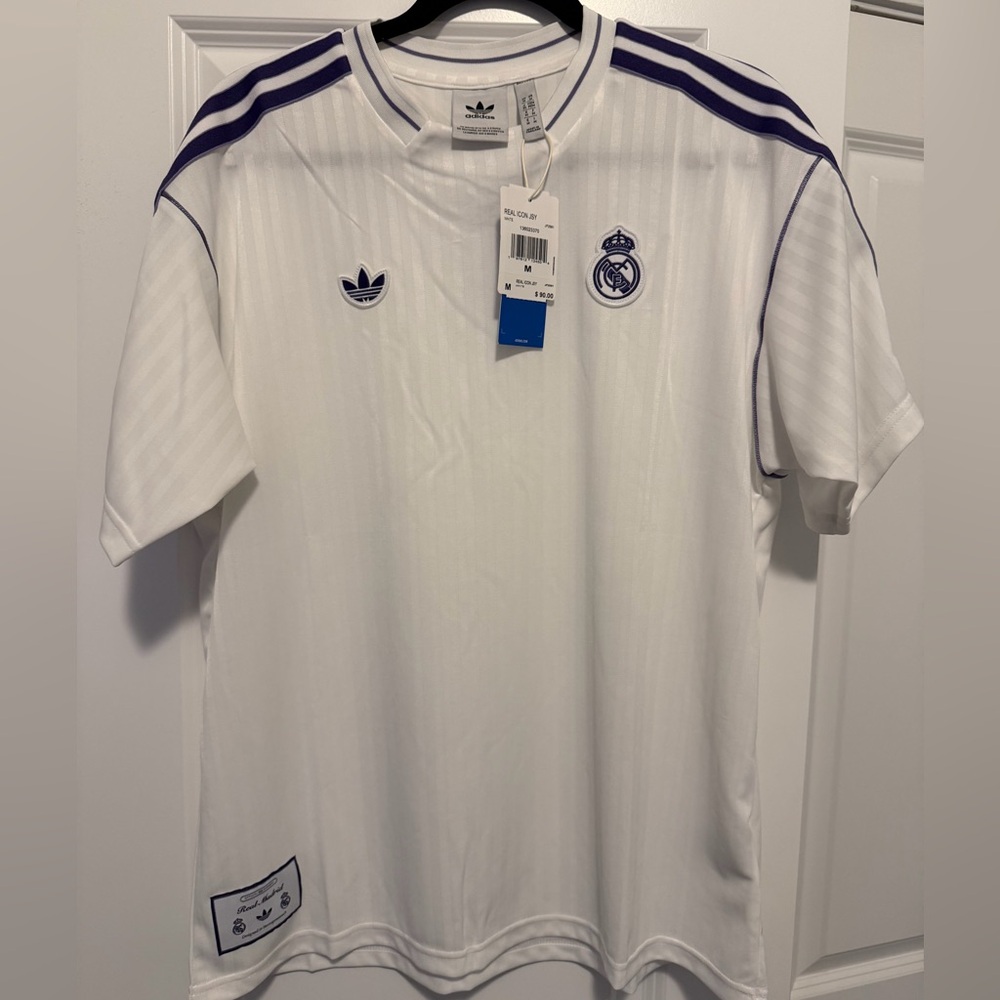 adidas White Short-Sleeve Real Madrid Tee with Purple Trim